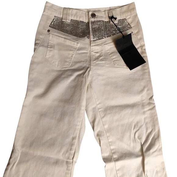 John Richmond RICH Rhinestone Studded Wide Leg White Denim Jeans Sz 42